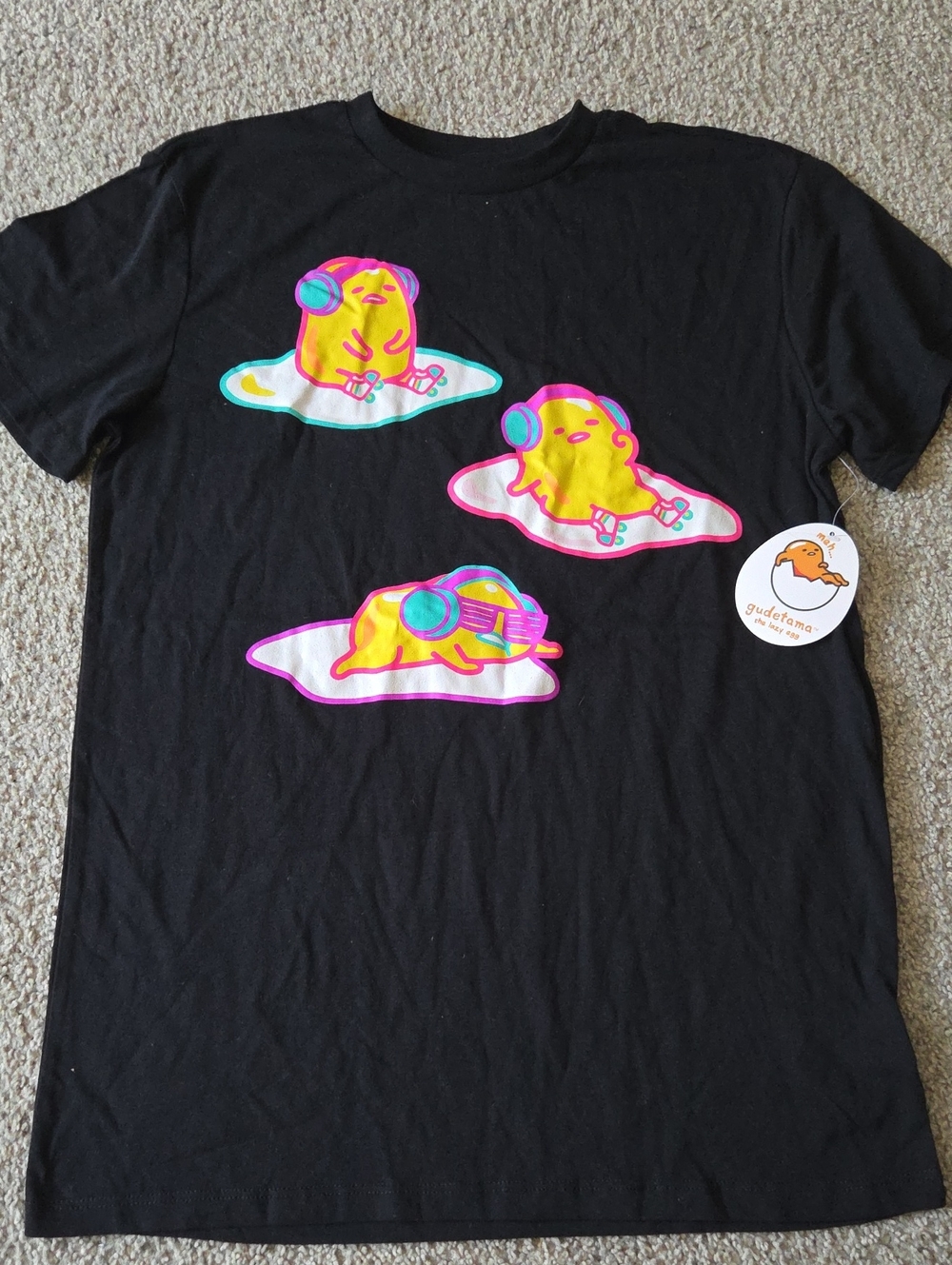 Sanrio NWT Gudetama Black Graphic Tee with Neon Image Of The Lazy Egg, Medium